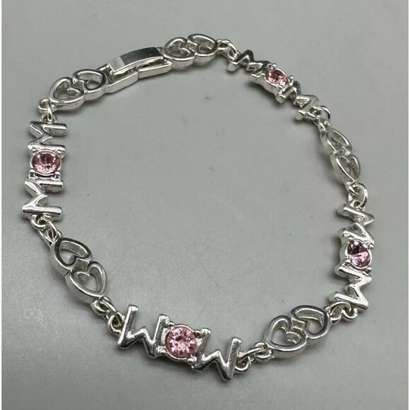 3/$30 Mom Bracelet Pink Rhinestone Heart Link Silver Gift Jewelry for Her 7" - Picture 2 of 12